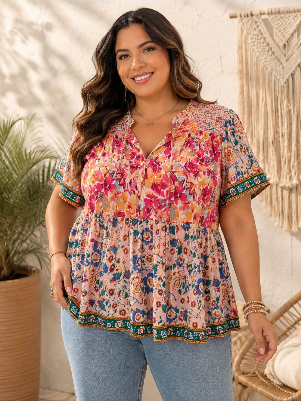 Umgee Pink Floral Boho Babydoll Top Smocked Shoulder Tie Neck Blouse